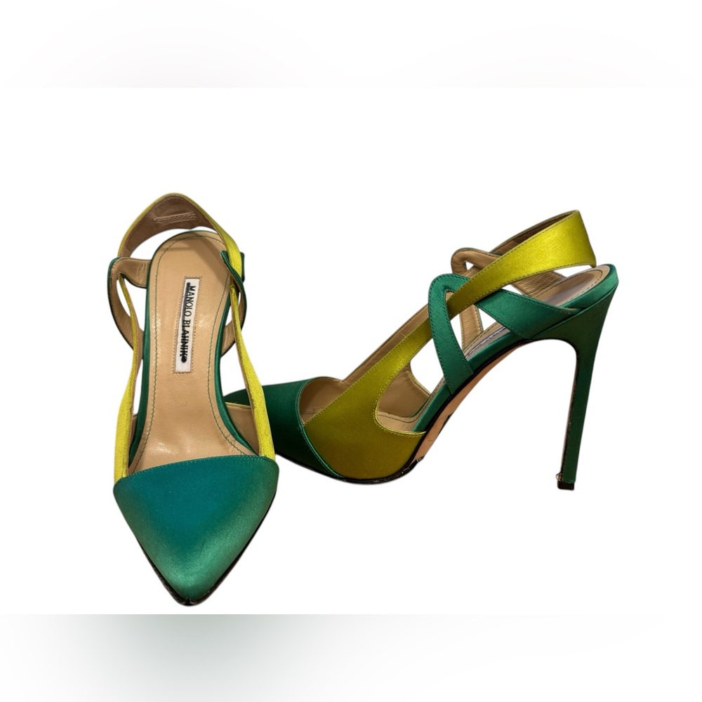 Manolo Blahnik Green and Yellow Satin Pointed-Toe Strappy Heels